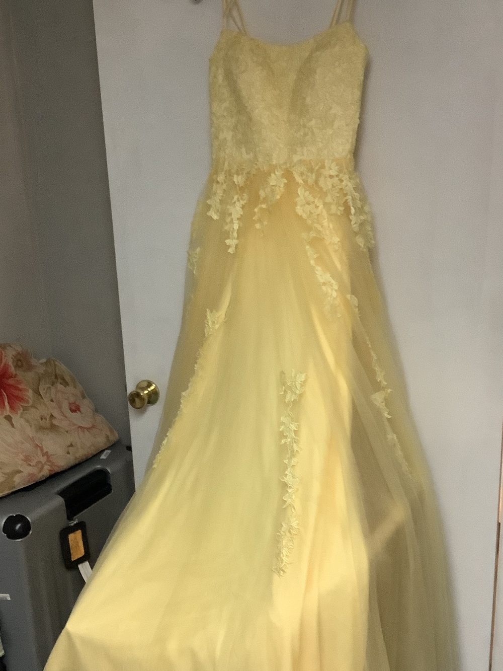 Strapless Yellow Lace Appliqué Gown
